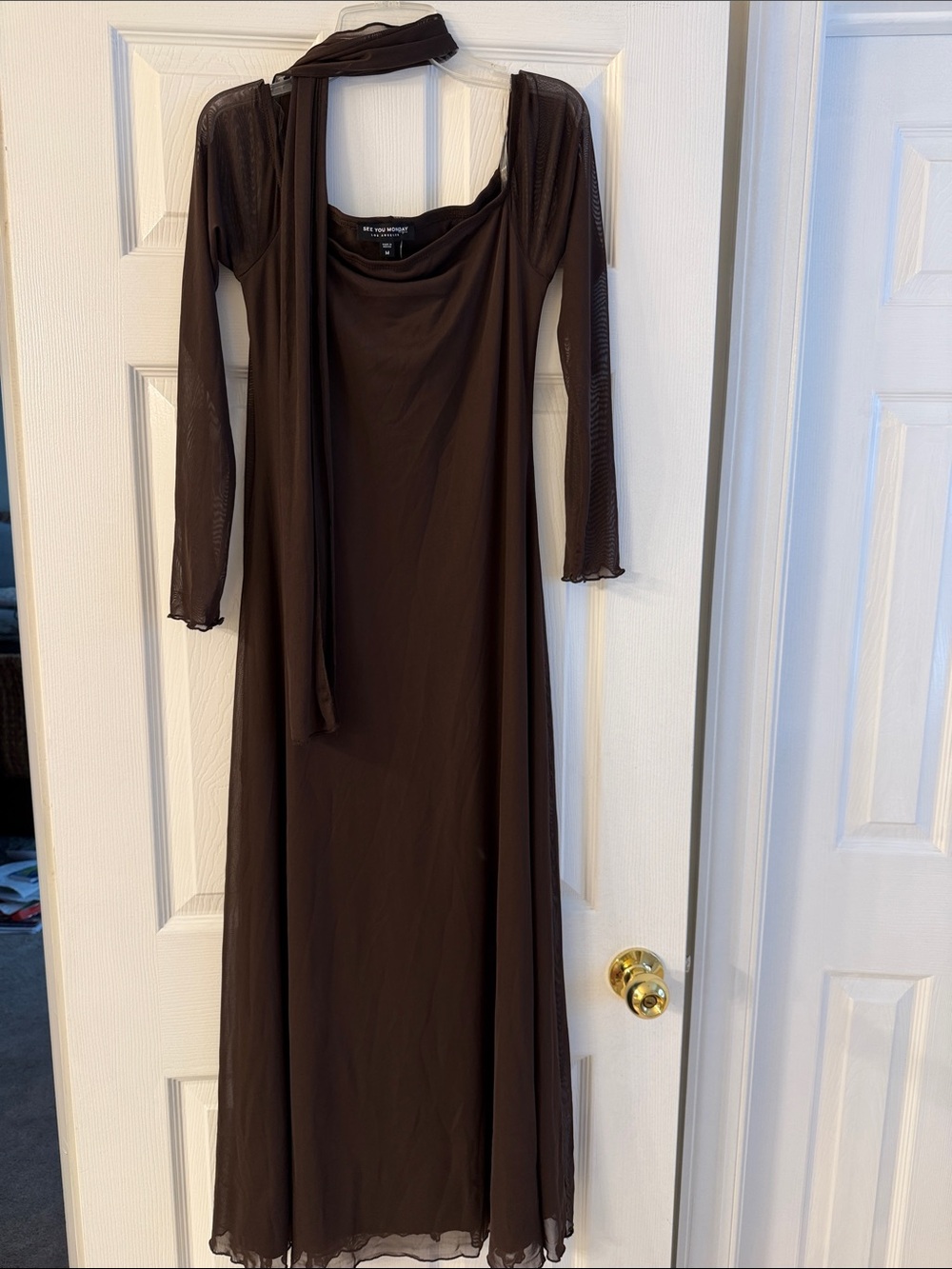 See You Monday Dark Brown Long Sleeve Maxi Dress with Scarf